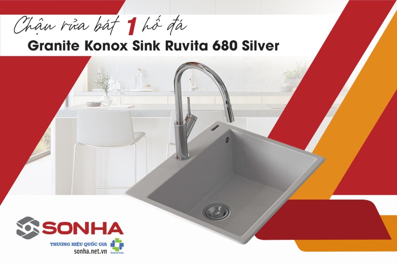 Chậu rửa bát 1 hố, đá Granite Konox sink Ruvita 680 Silver