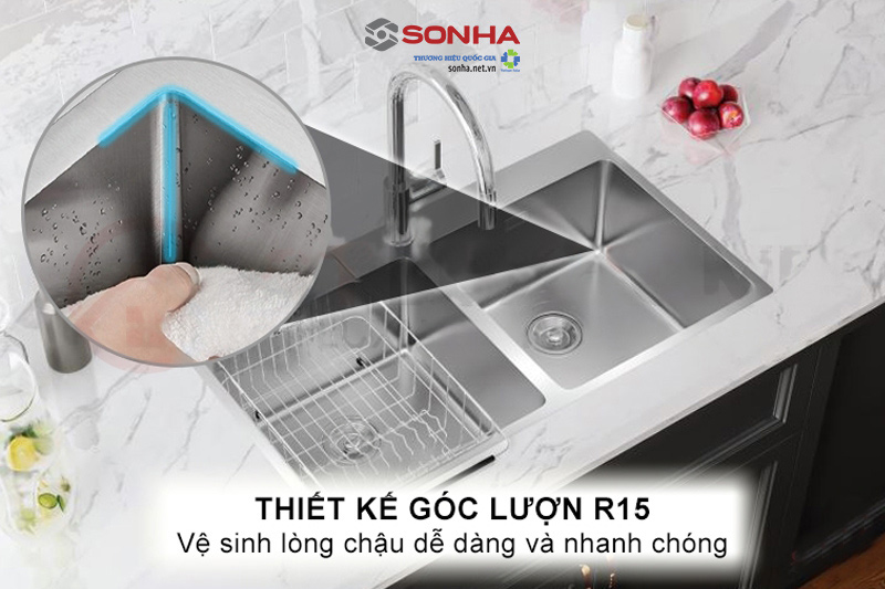 Thiết kế góc lượn R15 cho phép vệ sinh lòng chậu nhanh chóng và dễ dàng