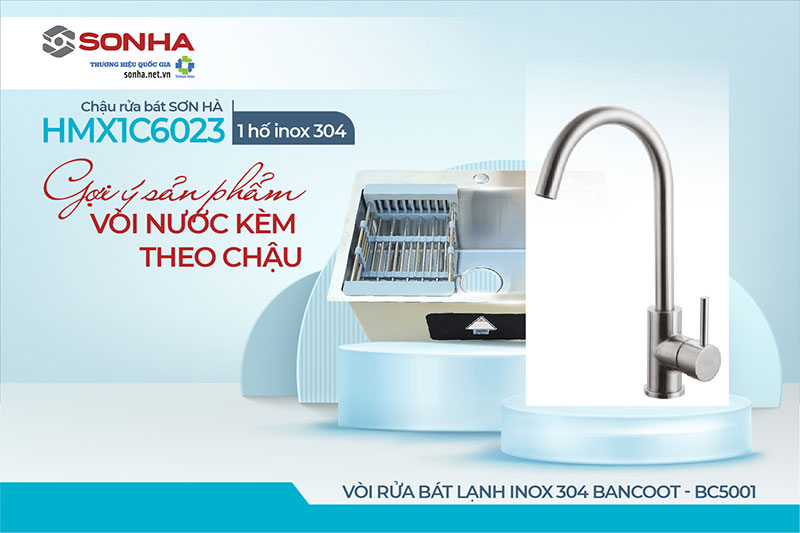 Lắp chậu 1 hố Sơn Hà HMX1C6023 và vòi BC5001