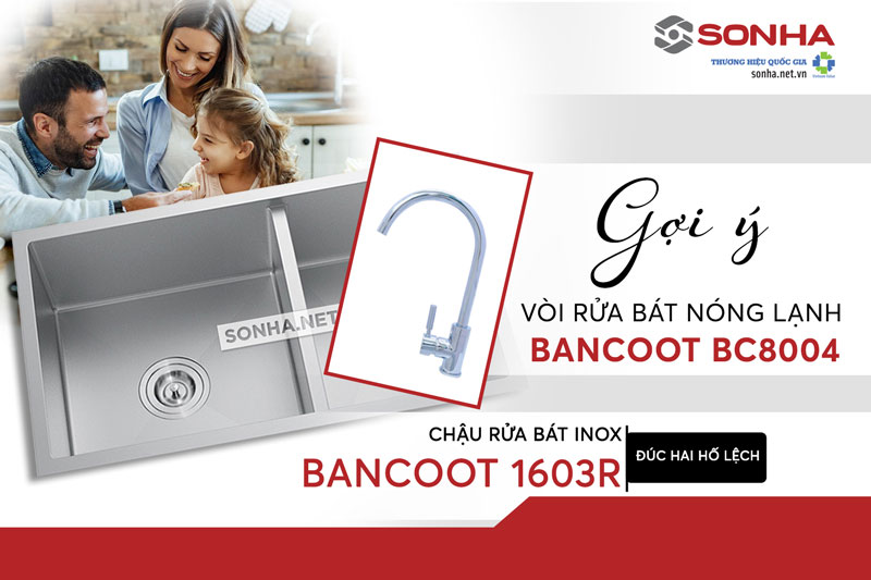 Bồn rửa chén inox 2 ngăn Bancoot 1603R và vòi BC8004