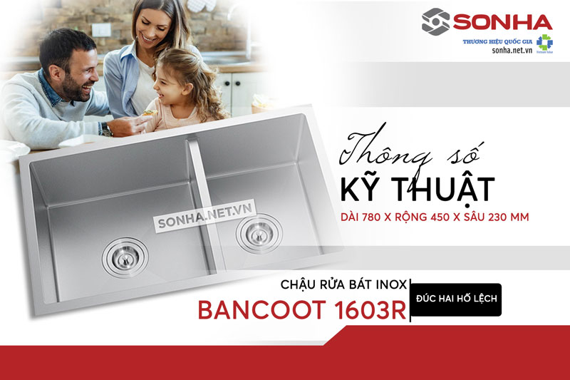 Kích thước chậu rửa bát đúc 2 hố Bancoot 1603R