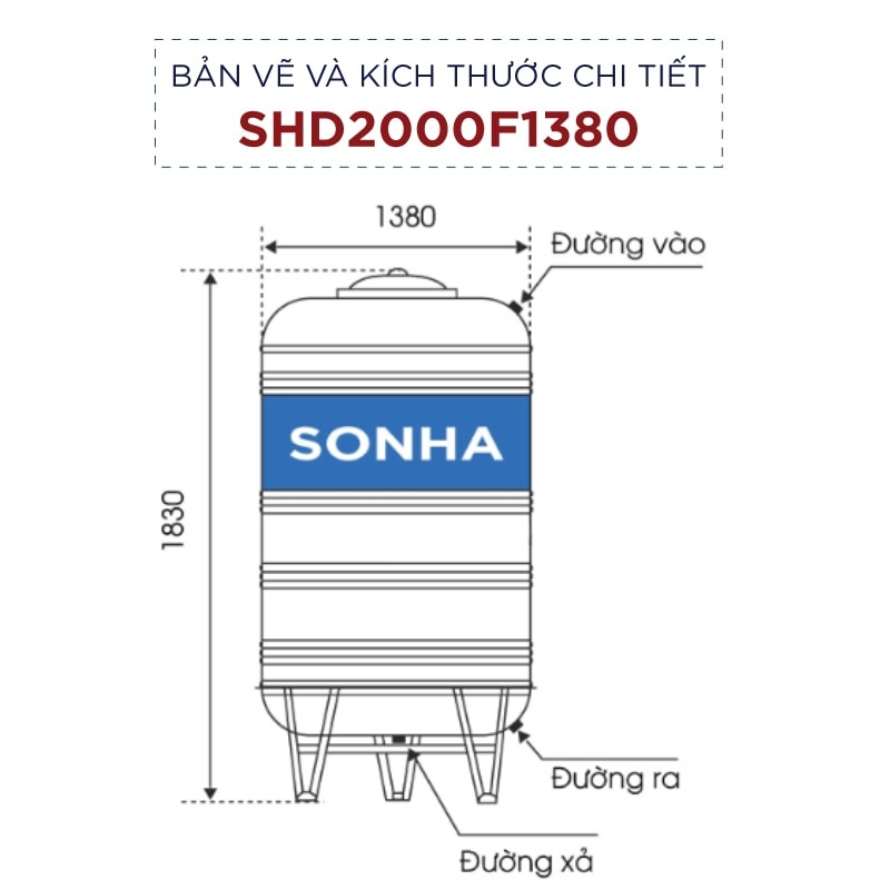 Kích thước bồn nước inox Sơn Hà 2000L F1380