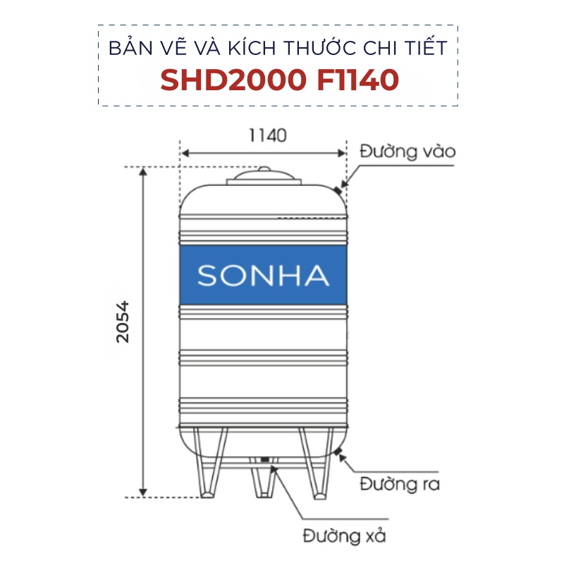 Hình ảnh bồn nước inox Sơn Hà 2000l đứng (Φ1140)