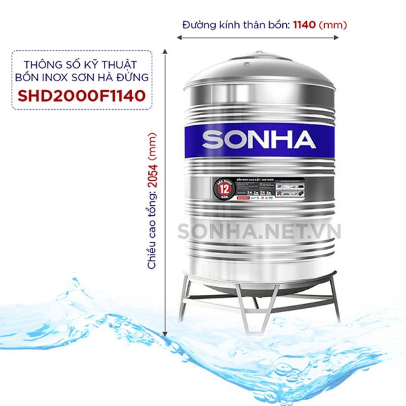 Hình ảnh bồn nước inox Sơn Hà 2000l đứng (Φ1140)