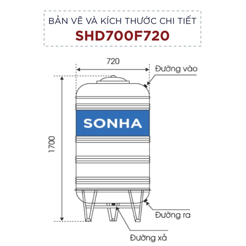 Bản vẽ kỹ thuật bồn nước inox Sơn Hà 700l đứng (Φ720)