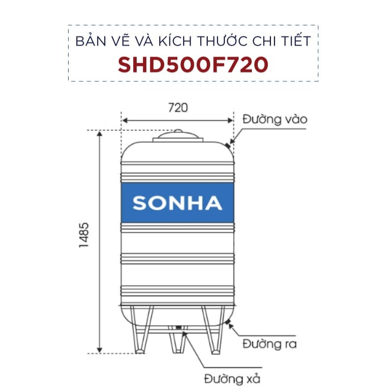 Bản vẽ kích thước bồn nước 500L đứng