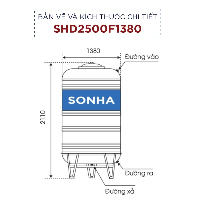 Bản vẽ kích thước bồn nước inox Sơn Hà 2500l đứng (Φ1380)