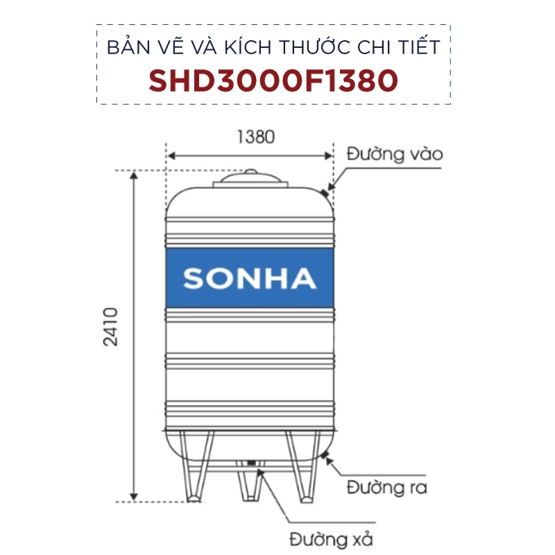 Kích thước bồn nước inox Sơn Hà 3000l đứng (Φ1380)