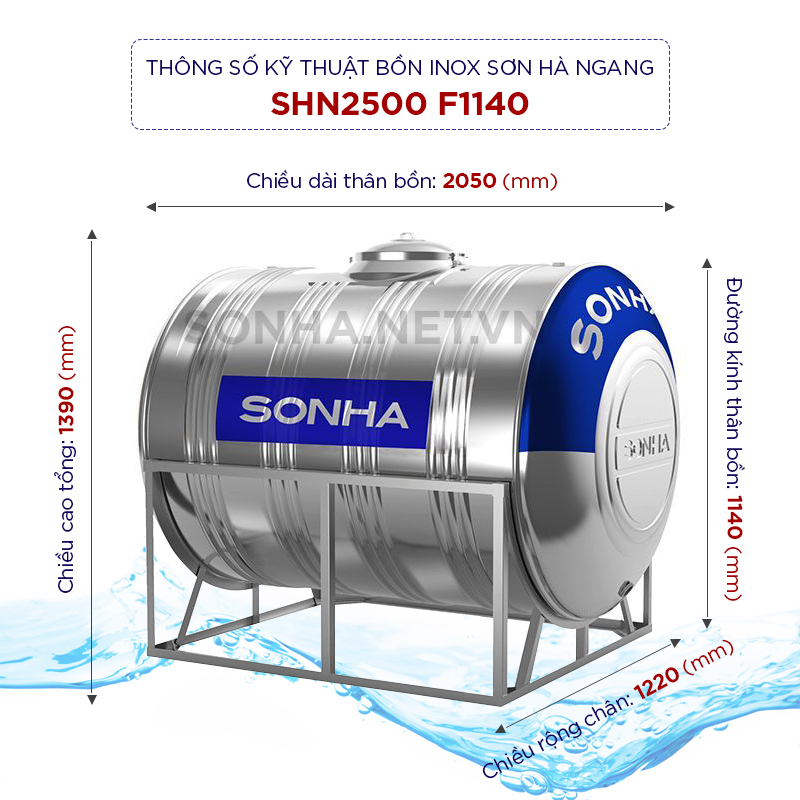 Hình ảnh thông số bồn nước inox Sơn Hà 2500l ngang (Φ1140)