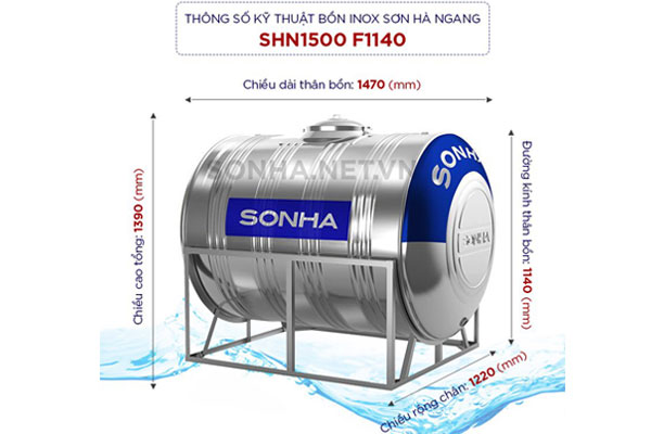 Kích thước bồn nước inox 1500l ngang (Φ1140)