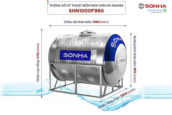 Kích thước bồn nước inox 1000l Sơn Hà ngang Φ960