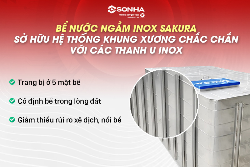 Bể inox ngầm Sakura 8000L được tối ưu bởi hệ thống khung xương U inox