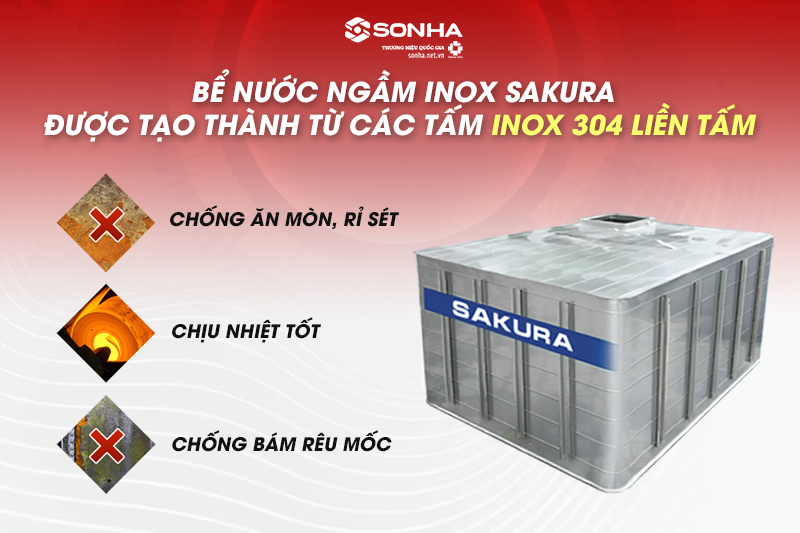 Bể nước ngầm inox Sakura 8000L được làm từ inox 304 liền tấm dày dặn