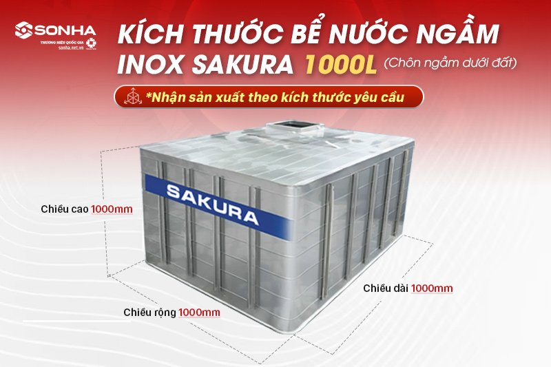 Kích thước bể nước ngầm inox Sakura 1000L