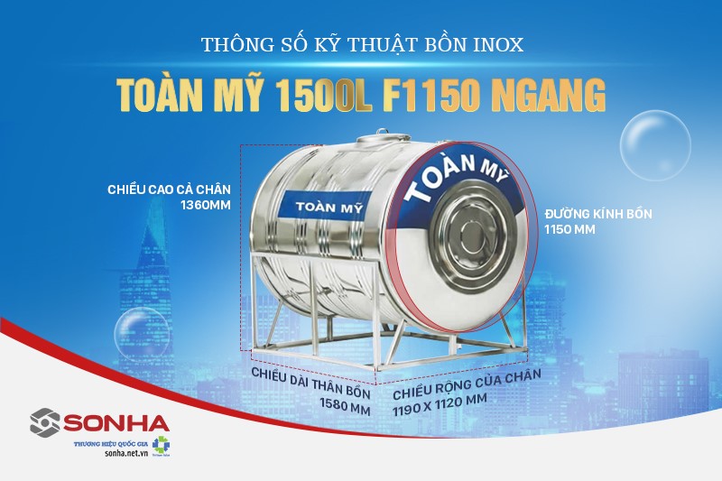 Thông số kỹ thuật của bồn nước inox Toàn Mỹ 1500L F1150 ngang