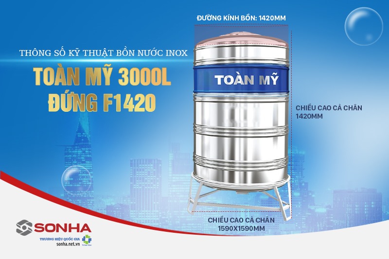 Thông số kỹ thuật Bồn inox Toàn Mỹ 3000L đứng F1420