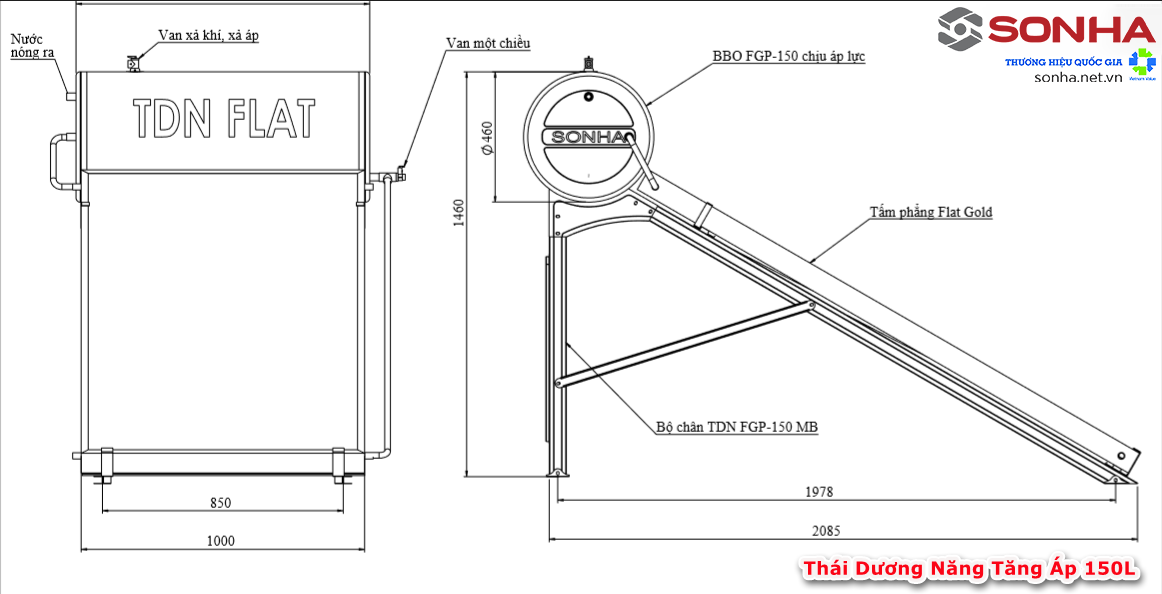 Thái dương năng tấm phẳng Flat Gold 150L Chịu áp