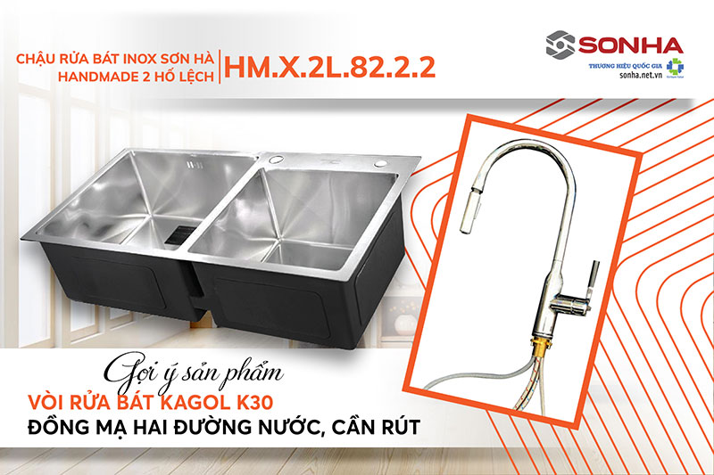 Sắm chậu rửa chén Handmade HM.X.2L.82.2.2 và vòi Kagol K30