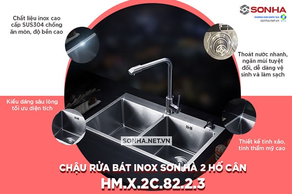 Chậu rửa bát hm.x.2c.82.2.3 chất liệu inox 304 chống ăn mòn cao