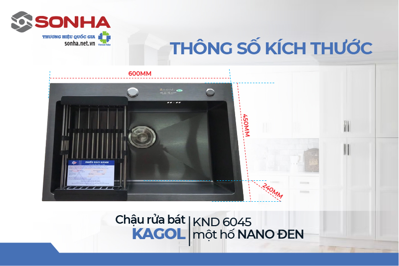 Kích thước chậu Kagol KND6045 một hố nano đen