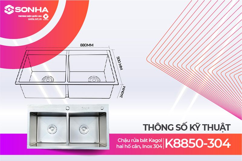 Kích thước chậu rửa bát Kagol K8850-304 cân