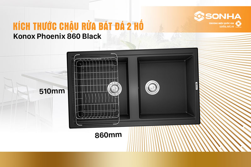 Kích thước bồn rửa chén bằng đá Konox Phoenix 860 Black