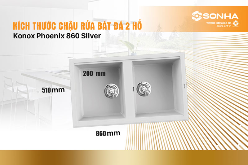 Kích thước chậu rửa bát đá Konox Phoenix 860 Silver