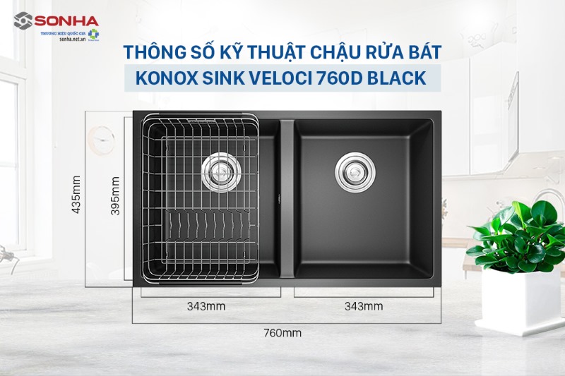 Thông số kỹ thuật của chậu rửa bát Granite Konox Sink Veloci 760D Black