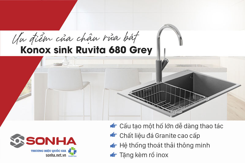 Ưu điểm chậu rửa chén bằng đá 1 hộc Konox sink Ruvita 680 Grey