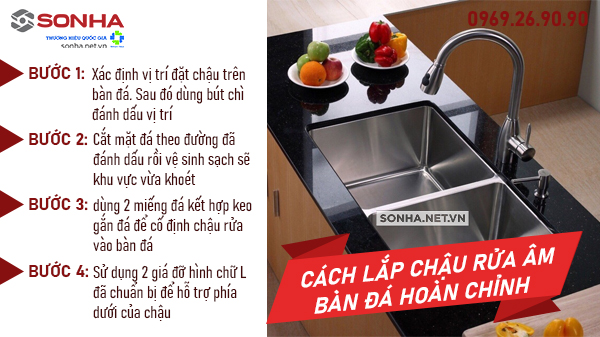 Thao tác hoàn chỉnh khi lắp chậu rửa âm bàn đá