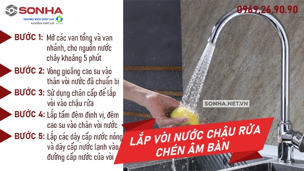 Lắp vòi nước chậu rửa bát chén âm bàn