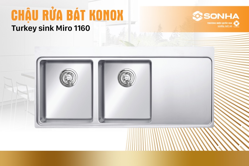 Chậu rửa bát 2 hố, có bàn chờ Konox Turkey sink Miro 1160