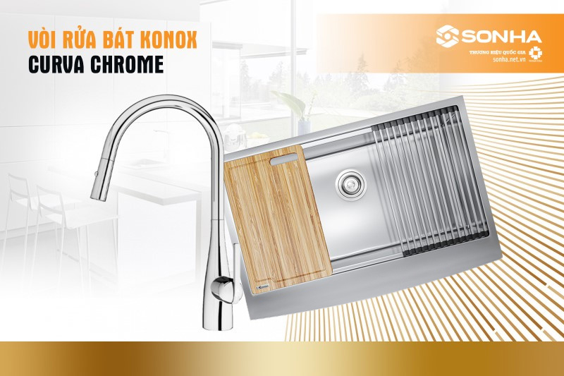 Vòi rửa bát rút dây Konox chế độ 2 đường nước Curva Chrome