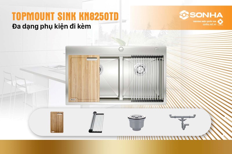 Chậu rửa bát Konox Workstation - Topmount Sink KN8250TD trang bị cho mình nhiều phụ kiện