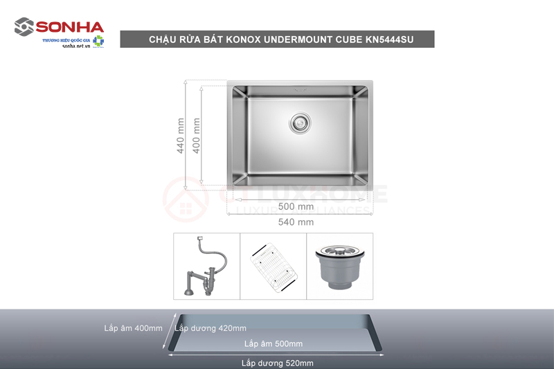 Chậu rửa bát 1 hố KONOX Undermount CUBE 5444SU