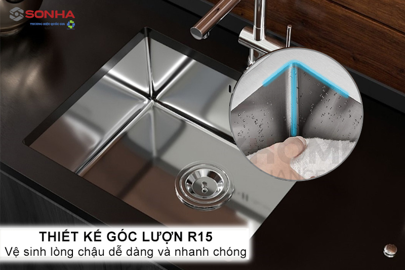 Thiết kế góc lượn R15 cho phép vệ sinh lòng chậu nhanh chóng và dễ dàng