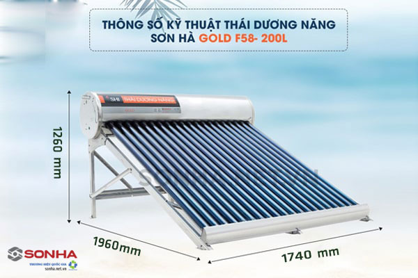 Kích thước máy năng lượng mặt trời Sơn Hà Gold 200l