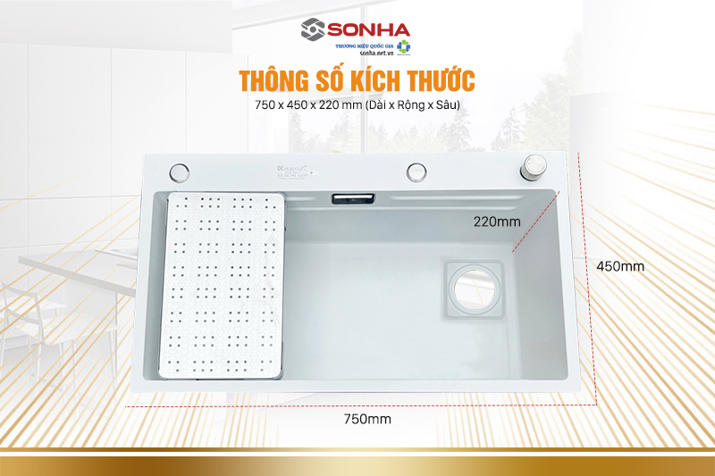 kich thước Chậu rửa bát chén inox nano trắng liền vòi KAGOL KND7545T