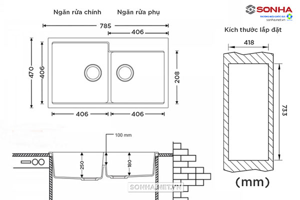 Kích thước chậu rửa bát mini 1 hố và 2 hố