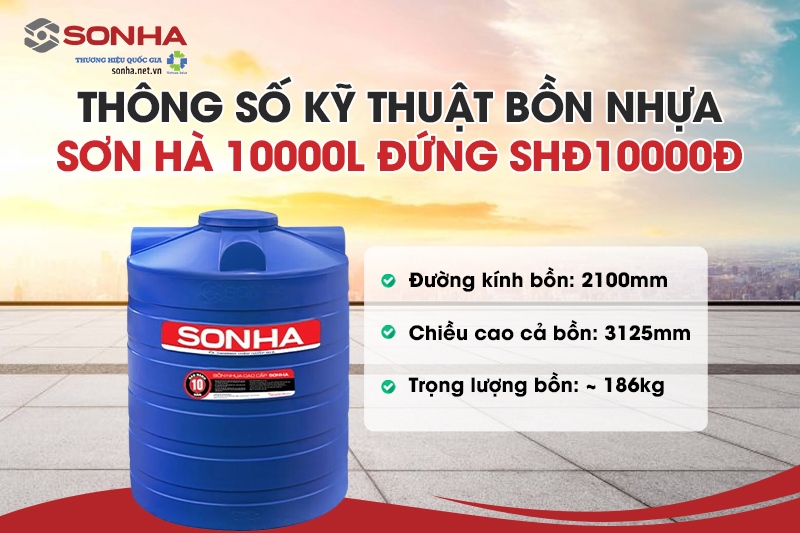 Kích thước bồn nước nhựa Sơn Hà 10000L đứng