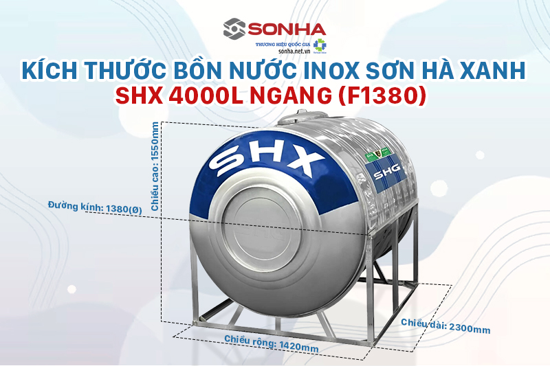 Kích thước bồn nước inox Sơn Hà Xanh SHX 4000L ngang F1380