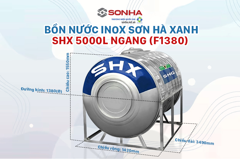 Bồn nước Inox Sơn Hà Xanh SHX 5000L Ngang  SHX.N5000F1380