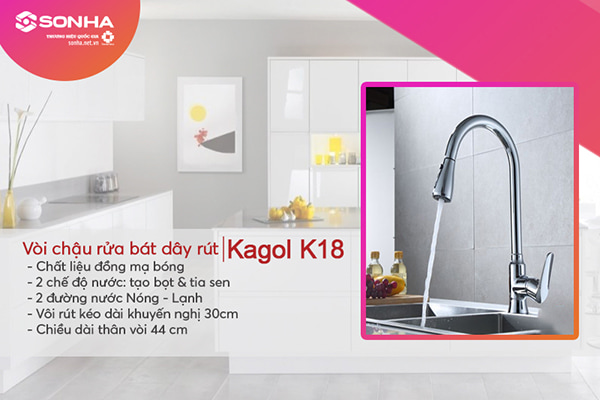 Vòi rửa chén nóng lạnh dây rút Kagol K18