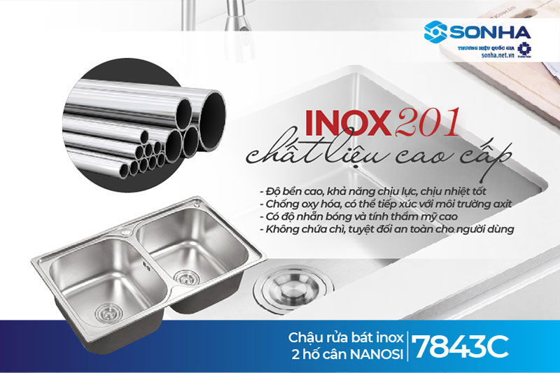 Bồn rửa chén đôi Nanosi 7843C làm từ inox 201