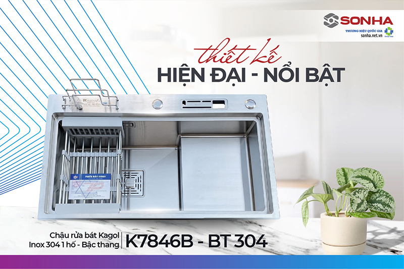 Bồn rửa chén 1 ngăn lớn Kagol K7848B-BT 304 tiện ích sử dụng