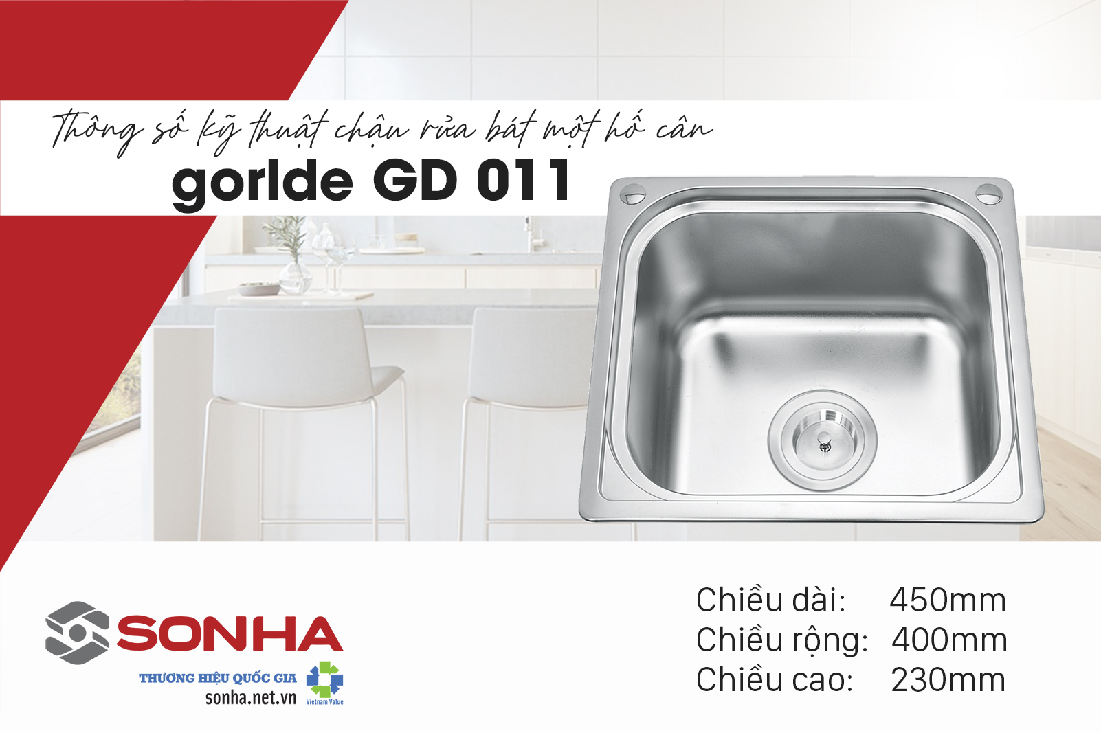 Kích thước chậu rửa bát inox Gorlde GD 011