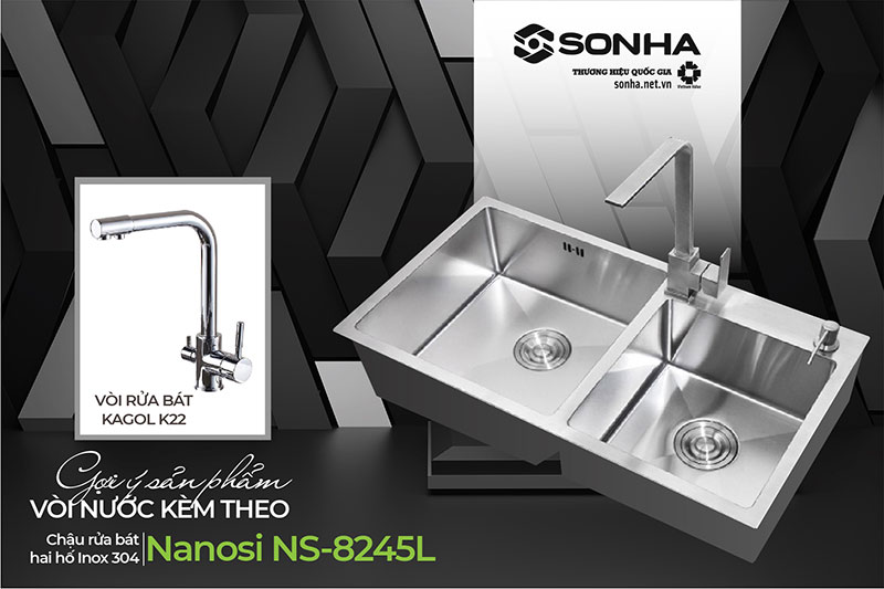 Chậu rửa bát đôi Nanosi NS-8245L và vòi Kagol K22