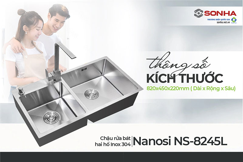 Kích thước chậu rửa bát inox Nanosi-8245L