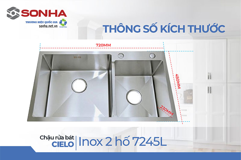 Kích thước bồn rửa chén inox 2 hố lệch Cielo 7245L