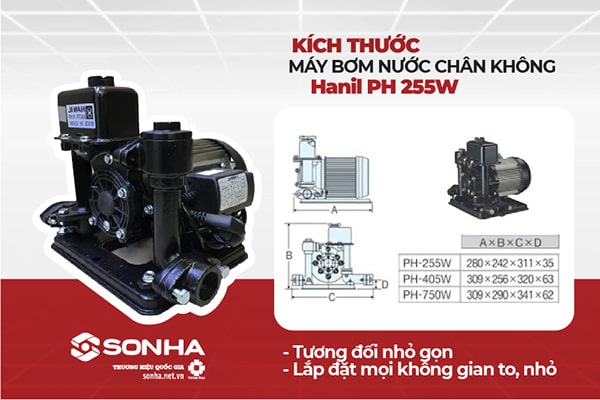 Kích thước máy bơm nước Hanil PH 255W